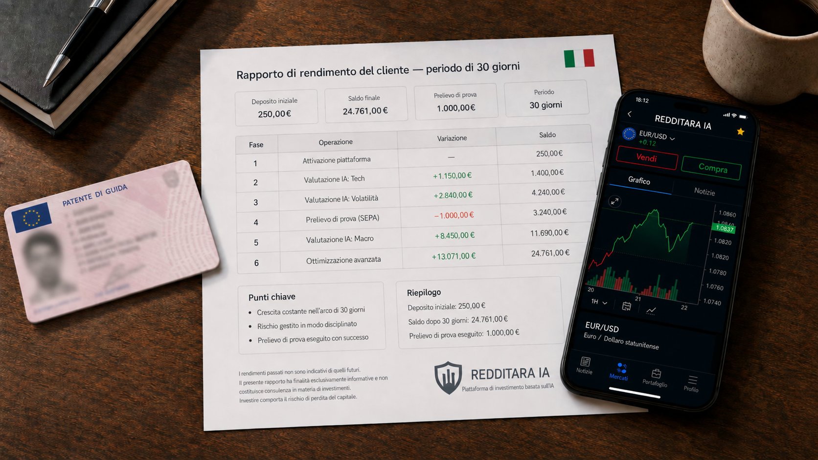 L'andamento del nostro conto di prova in 30 giorni